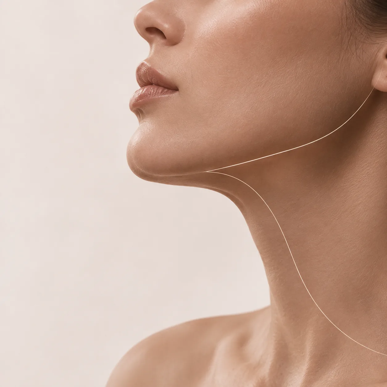Perfil feminino com linha fina destacando o contorno da mandíbula e do pescoço