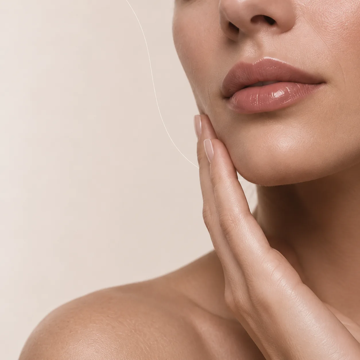 Close de rosto feminino com a mão apoiada suavemente na mandíbula