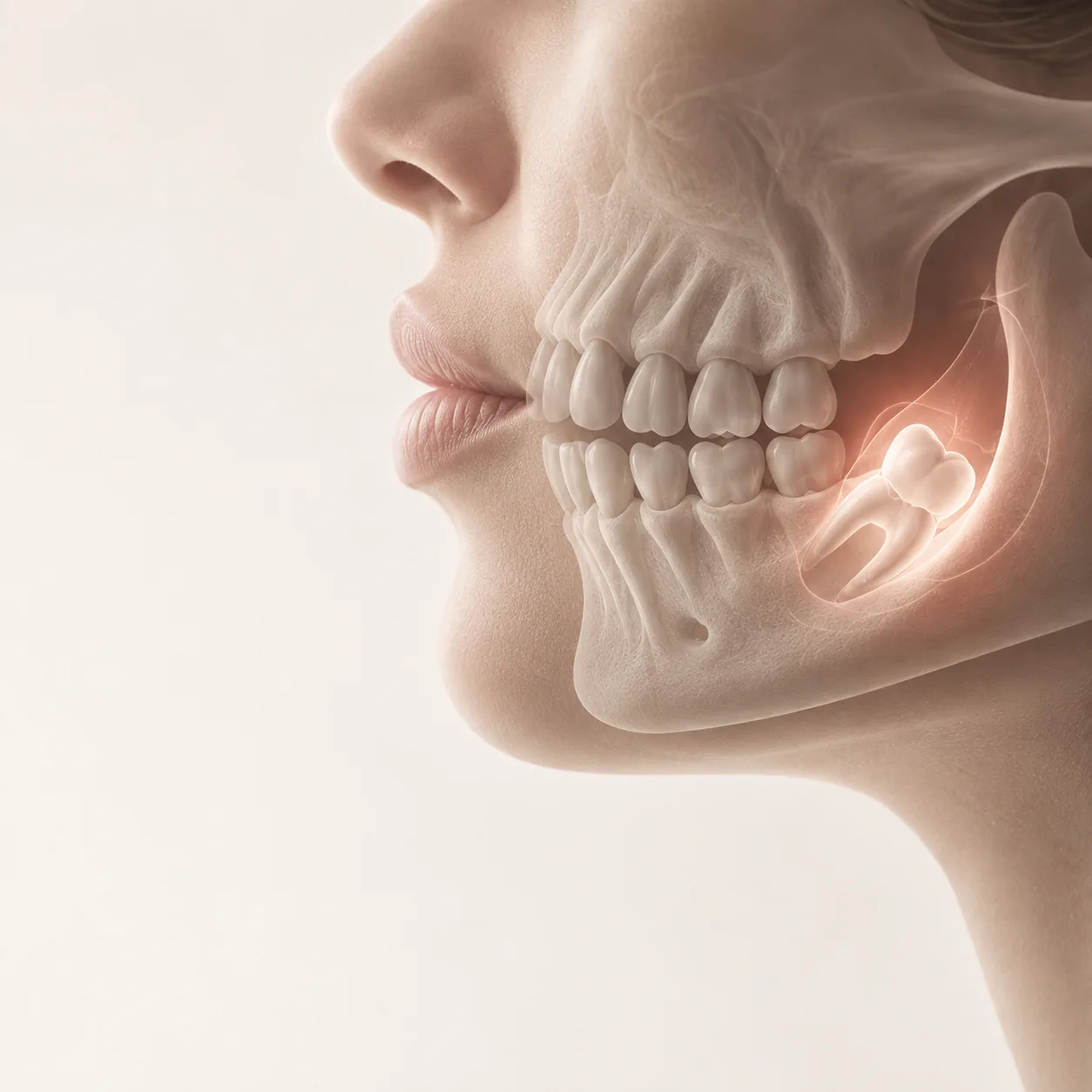 Ilustração de arcada dentária com dente do siso incluso em destaque